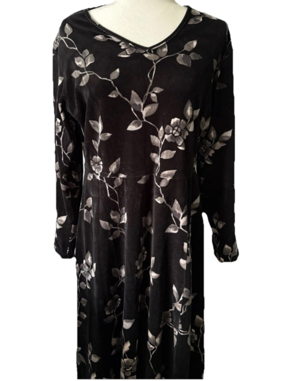 LL Bean Velvet Dress Floral Black Grey V-Neck Maxi L 90s Whimsigoth Cottagecore